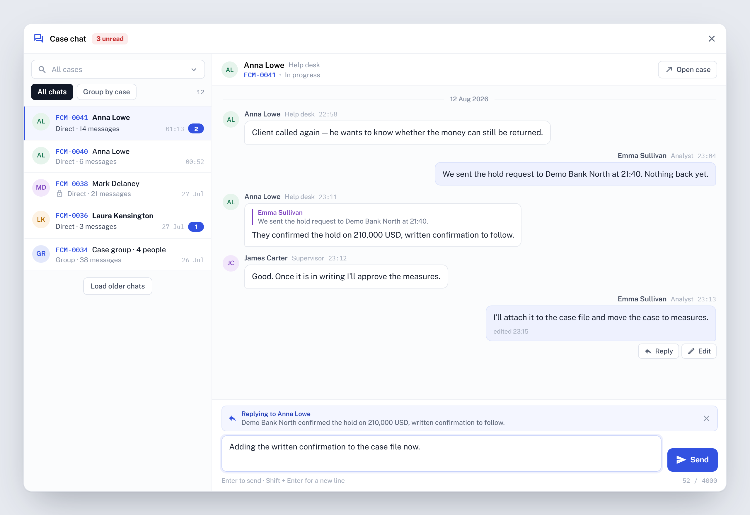 Case chat: direct and group conversations listed per case, with replies quoted from the case thread