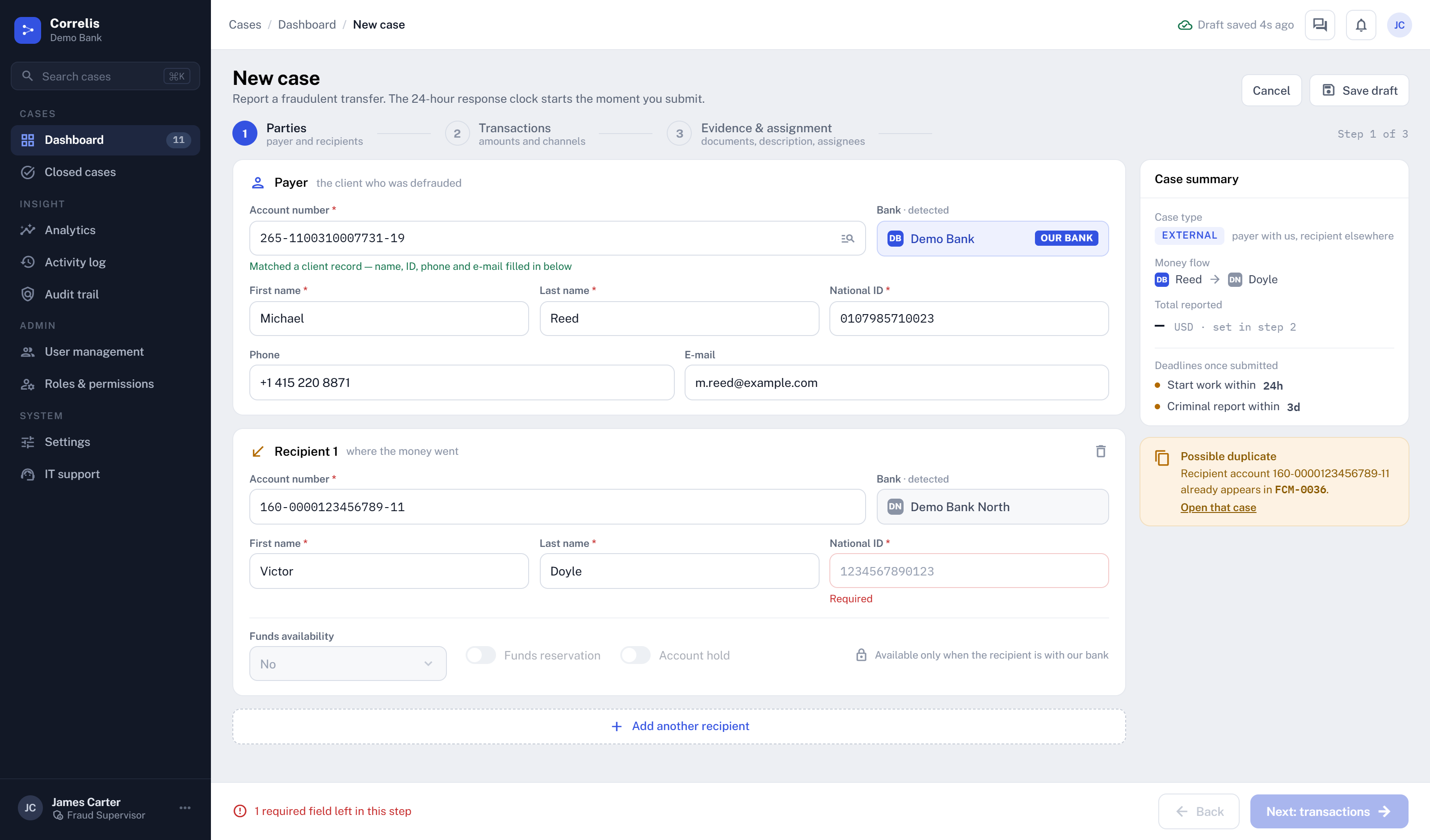 New case, step one: payer and recipient details validated against the client record, with a duplicate-recipient warning